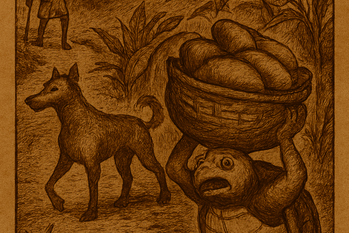 Parchment-style Yoruba folktale illustration of greedy tortoise struggling with heavy yam basket as dog walks away.