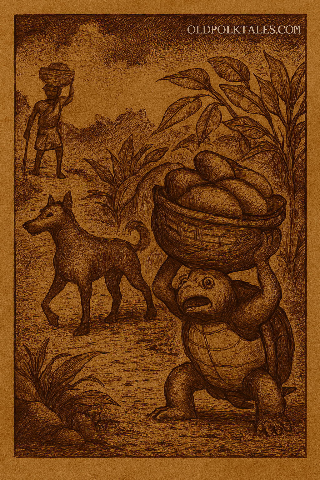 Parchment-style Yoruba folktale illustration of greedy tortoise struggling with heavy yam basket as dog walks away.