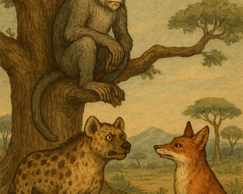Illustration of a wise monkey perched on a large tree branch, judging a dispute between a hyena and a fox in an Ethiopian highland setting. The monkey has gray fur and thoughtful eyes; the hyena stands tense on the left, and the fox sits on the right beside a pouch with a coin. The background features acacia trees, rolling hills, and a warm sky. The text “oldfolktales.com” appears in the top right corner.
