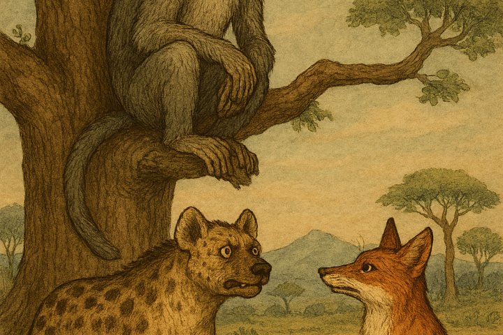 Illustration of a wise monkey perched on a large tree branch, judging a dispute between a hyena and a fox in an Ethiopian highland setting. The monkey has gray fur and thoughtful eyes; the hyena stands tense on the left, and the fox sits on the right beside a pouch with a coin. The background features acacia trees, rolling hills, and a warm sky. The text “oldfolktales.com” appears in the top right corner.