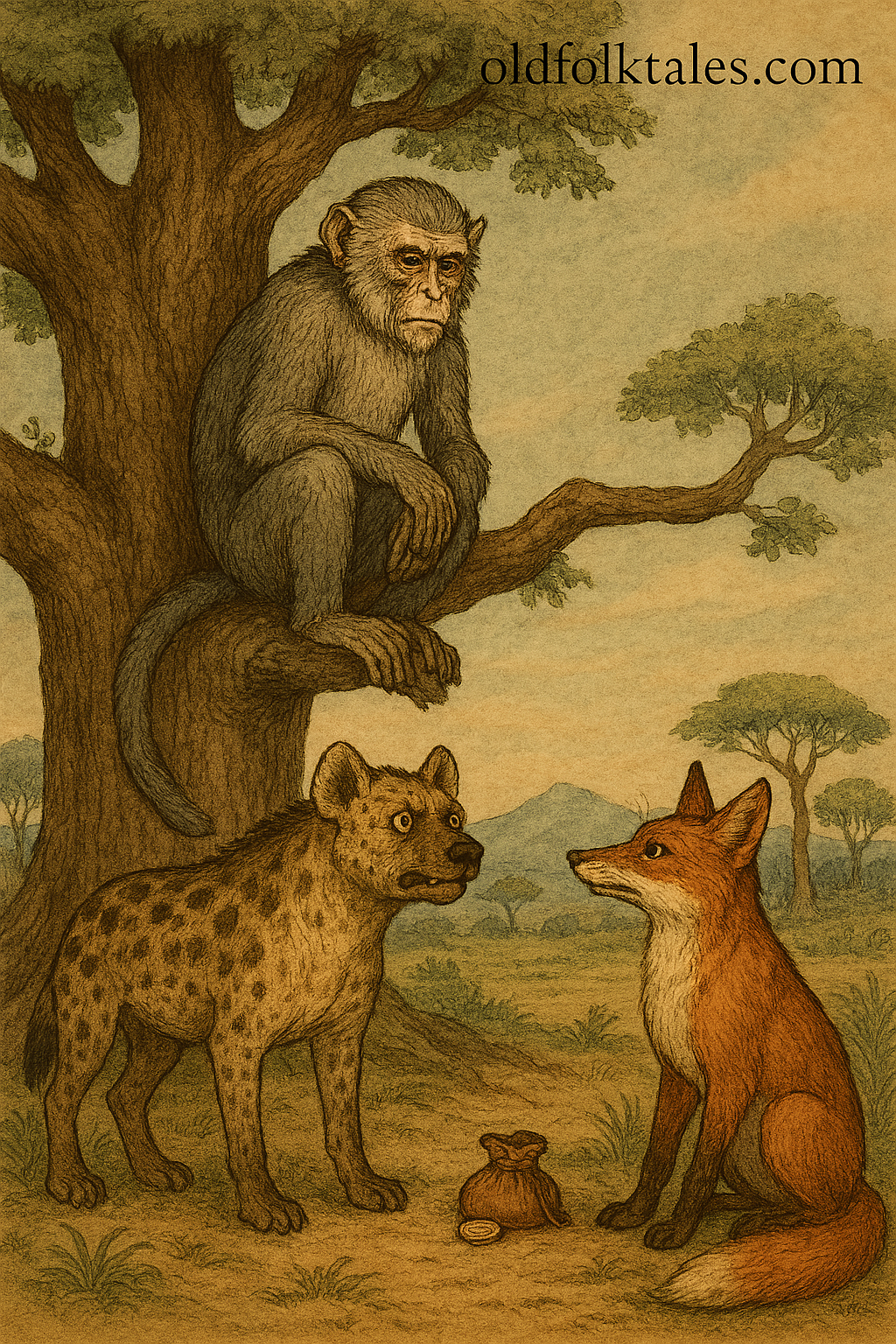 Illustration of a wise monkey perched on a large tree branch, judging a dispute between a hyena and a fox in an Ethiopian highland setting. The monkey has gray fur and thoughtful eyes; the hyena stands tense on the left, and the fox sits on the right beside a pouch with a coin. The background features acacia trees, rolling hills, and a warm sky. The text “oldfolktales.com” appears in the top right corner.