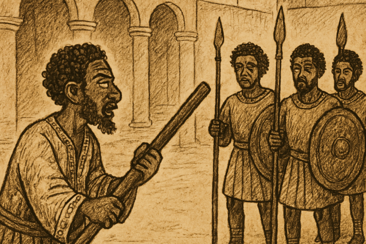 Parchment-style Ethiopian folktale illustration of Abba Bukkush confronting royal guards with staff in palace courtyard.