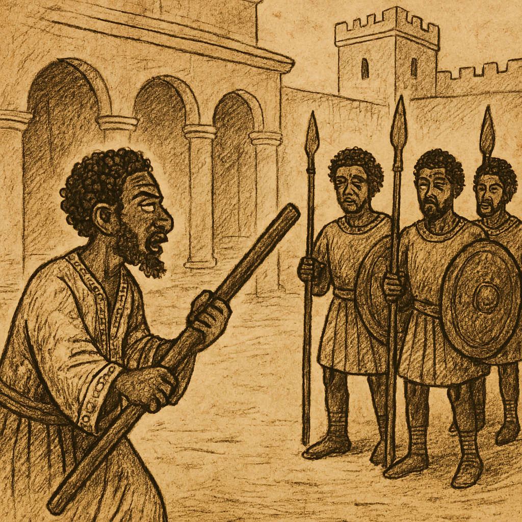 Parchment-style Ethiopian folktale illustration of Abba Bukkush confronting royal guards with staff in palace courtyard.
