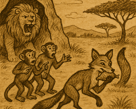 Parchment-style African folktale illustration of clever fox stealing food while two monkeys face lion’s cave.