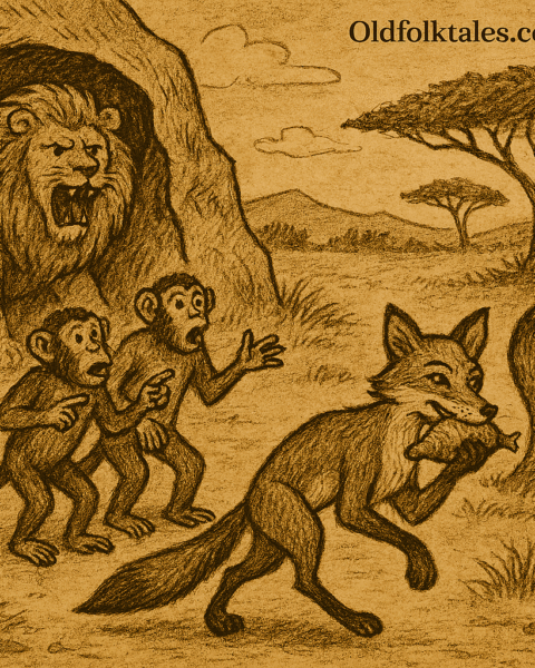 Parchment-style African folktale illustration of clever fox stealing food while two monkeys face lion’s cave.