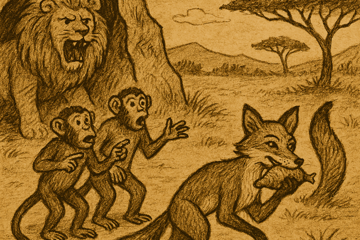 Parchment-style African folktale illustration of clever fox stealing food while two monkeys face lion’s cave.