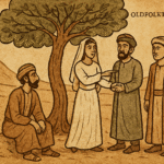 Middle Eastern bride choosing best man over groom beneath desert tree in parchment-style folktale scene.