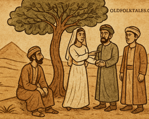 Middle Eastern bride choosing best man over groom beneath desert tree in parchment-style folktale scene.