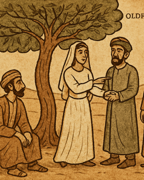 Middle Eastern bride choosing best man over groom beneath desert tree in parchment-style folktale scene.