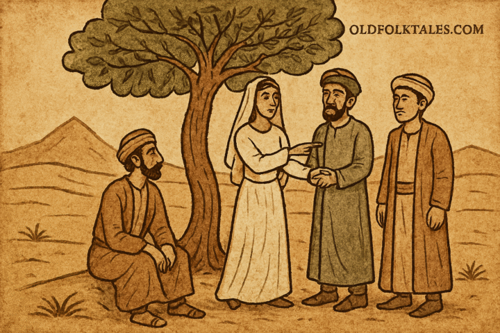 Middle Eastern bride choosing best man over groom beneath desert tree in parchment-style folktale scene.