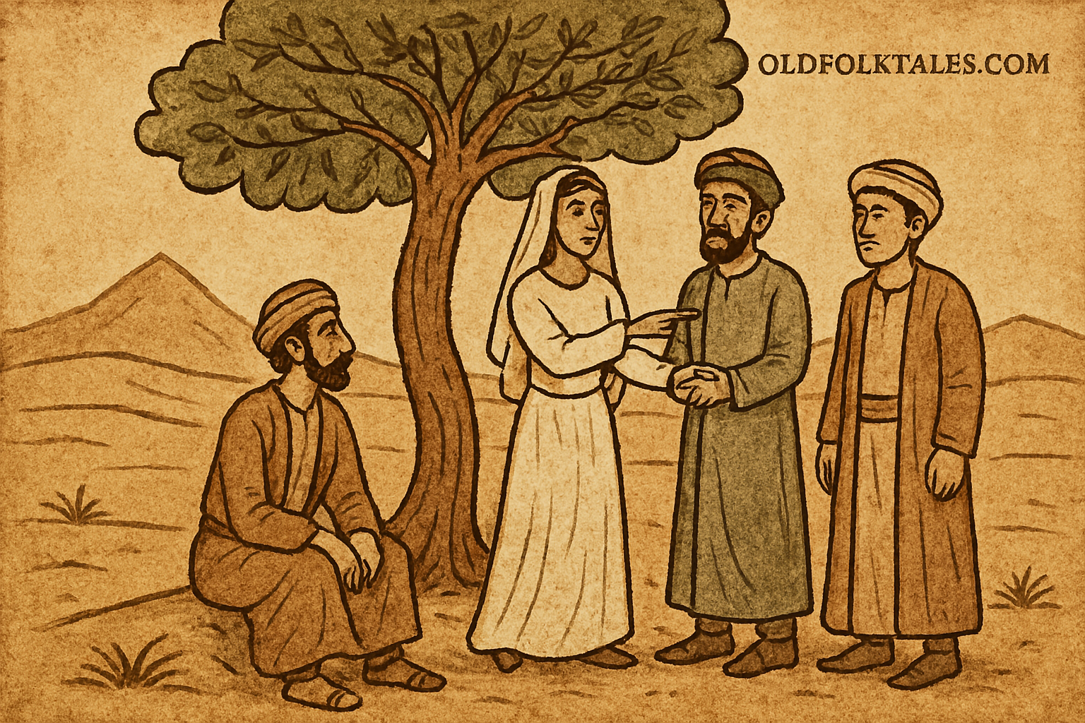 Middle Eastern bride choosing best man over groom beneath desert tree in parchment-style folktale scene.