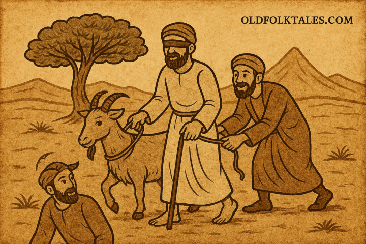 Parchment-style Ethiopian folktale illustration of Hirsi and Kabaalaf stealing butter and ram from the market.