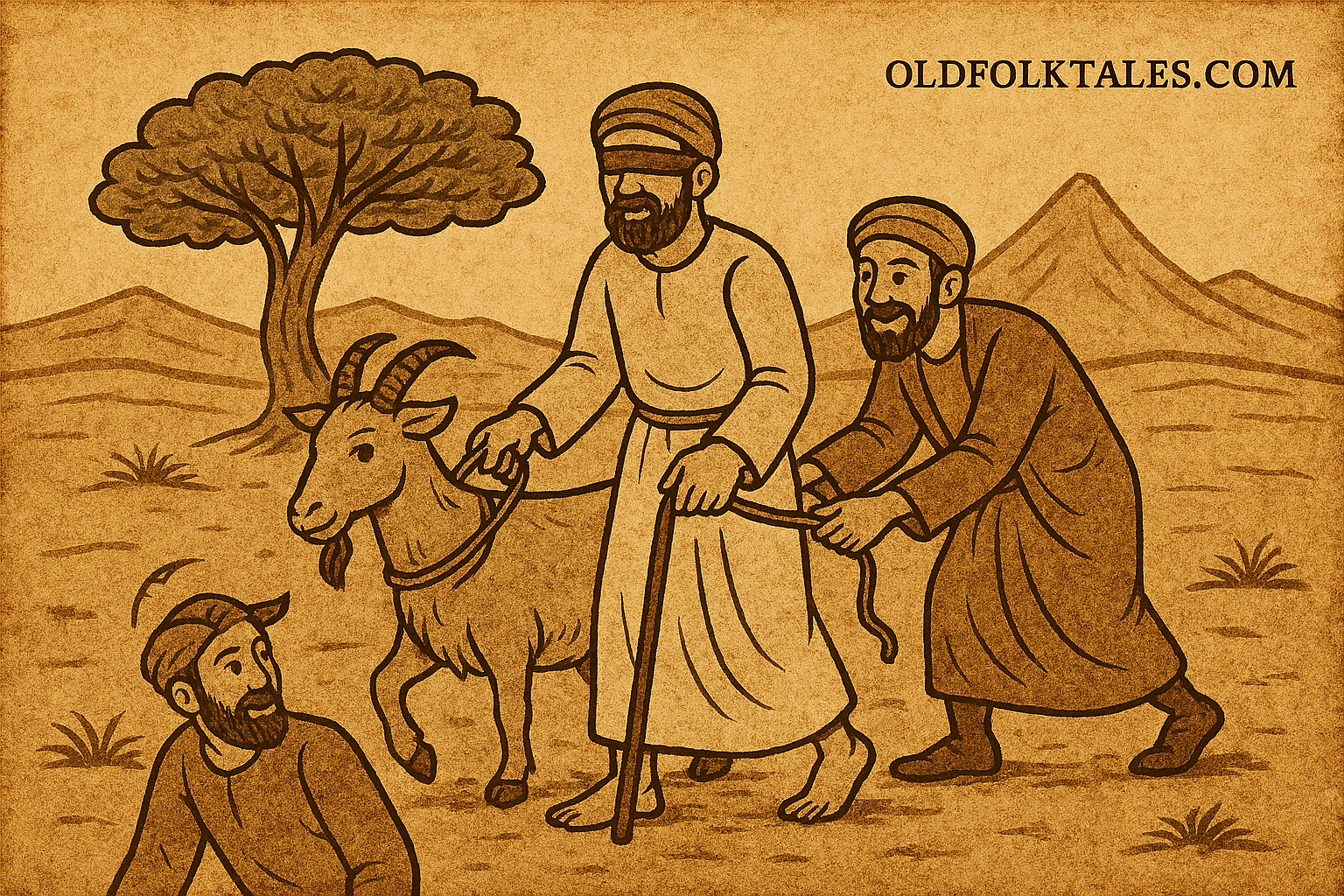 The Two Ethiopian Thieves | FolktalesAfrica.com Parchment-style Ethiopian folktale illustration of Hirsi and Kabaalaf stealing butter and ram from the market.
