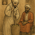 Illustration of a bearded man disguised as a woman, wearing a beige robe and headscarf, pounding maize in a wooden mortar with a long pestle. A seated older man in a rust-colored robe and white turban watches calmly from a stool inside a modest, earth-toned room with clay walls, a wooden door, and a niche holding a jug. The scene is drawn in textured ink and muted colors on parchment, signed “OLDFOLKTALES.COM” in the top right corner.