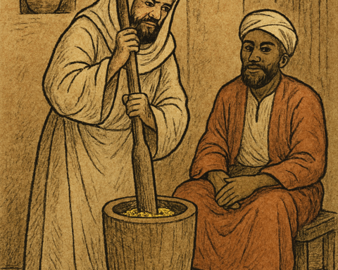 Illustration of a bearded man disguised as a woman, wearing a beige robe and headscarf, pounding maize in a wooden mortar with a long pestle. A seated older man in a rust-colored robe and white turban watches calmly from a stool inside a modest, earth-toned room with clay walls, a wooden door, and a niche holding a jug. The scene is drawn in textured ink and muted colors on parchment, signed “OLDFOLKTALES.COM” in the top right corner.