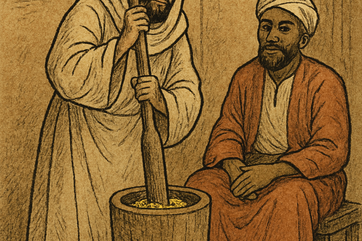 Illustration of a bearded man disguised as a woman, wearing a beige robe and headscarf, pounding maize in a wooden mortar with a long pestle. A seated older man in a rust-colored robe and white turban watches calmly from a stool inside a modest, earth-toned room with clay walls, a wooden door, and a niche holding a jug. The scene is drawn in textured ink and muted colors on parchment, signed “OLDFOLKTALES.COM” in the top right corner.