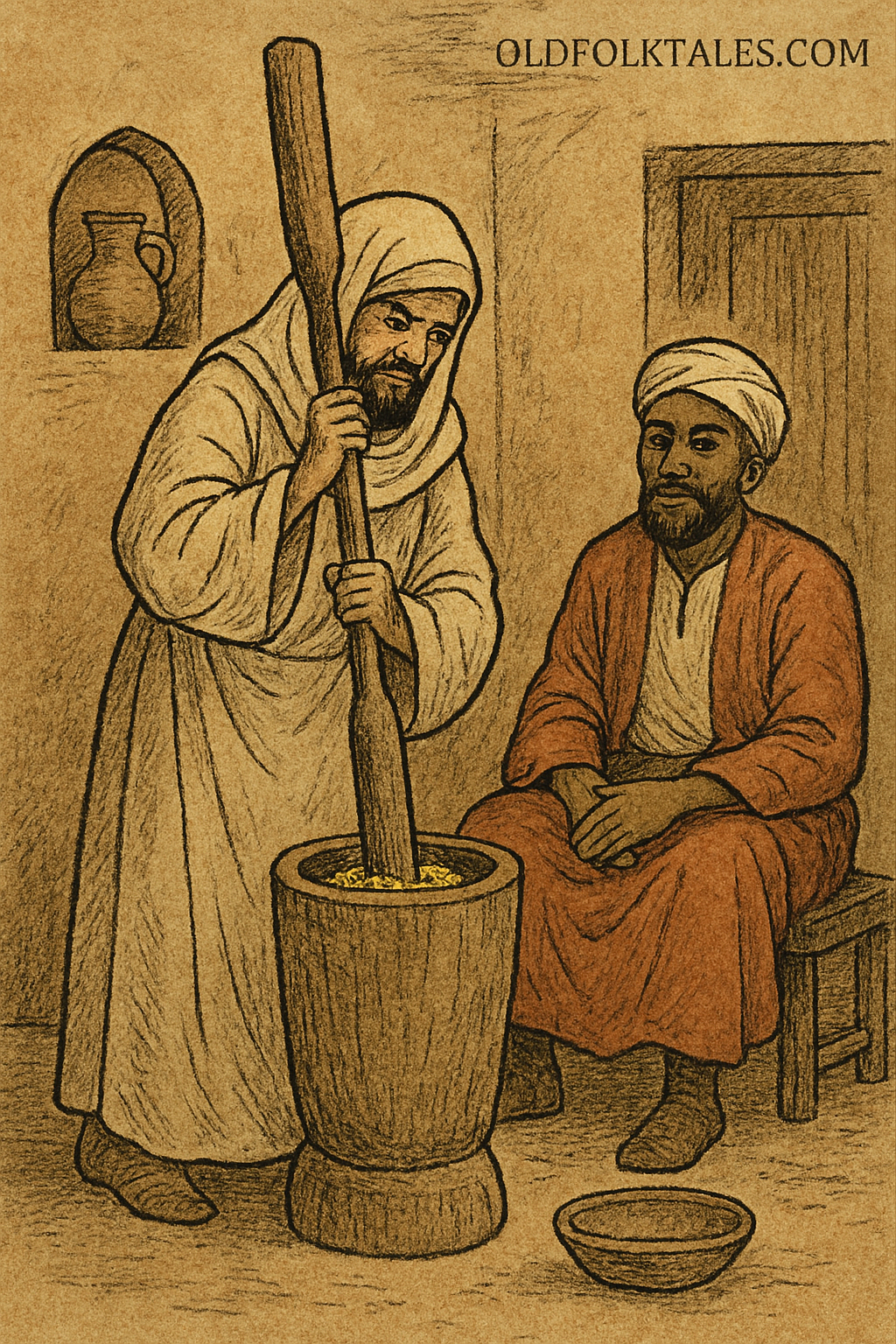 Illustration of a bearded man disguised as a woman, wearing a beige robe and headscarf, pounding maize in a wooden mortar with a long pestle. A seated older man in a rust-colored robe and white turban watches calmly from a stool inside a modest, earth-toned room with clay walls, a wooden door, and a niche holding a jug. The scene is drawn in textured ink and muted colors on parchment, signed “OLDFOLKTALES.COM” in the top right corner.