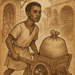 Parchment-style illustration of handsome African porter pushing wooden barrow through busy marketplace.