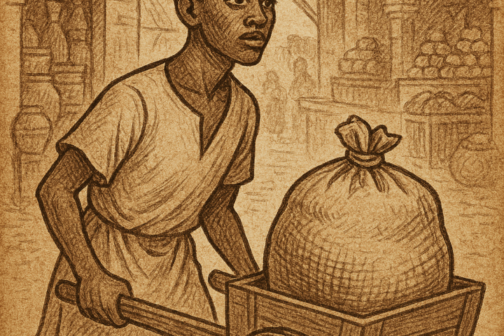 Parchment-style illustration of handsome African porter pushing wooden barrow through busy marketplace.