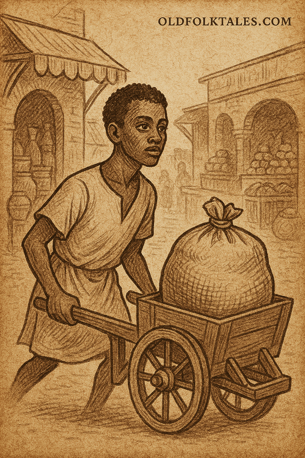 Parchment-style illustration of handsome African porter pushing wooden barrow through busy marketplace.