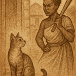 African folktale illustration of clever cat watching powerful village woman scold hunter with cooking stick.