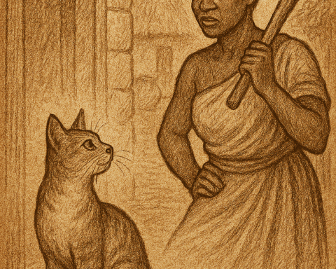 African folktale illustration of clever cat watching powerful village woman scold hunter with cooking stick.