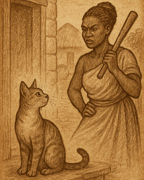 African folktale illustration of clever cat watching powerful village woman scold hunter with cooking stick.