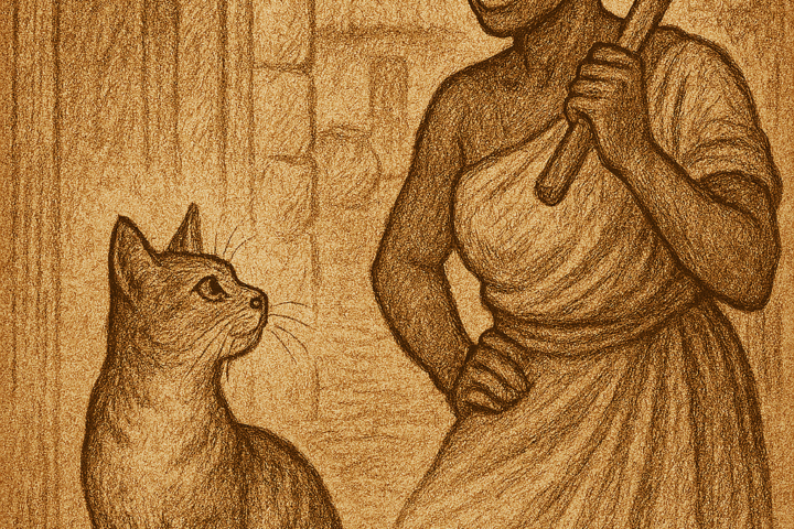 African folktale illustration of clever cat watching powerful village woman scold hunter with cooking stick.