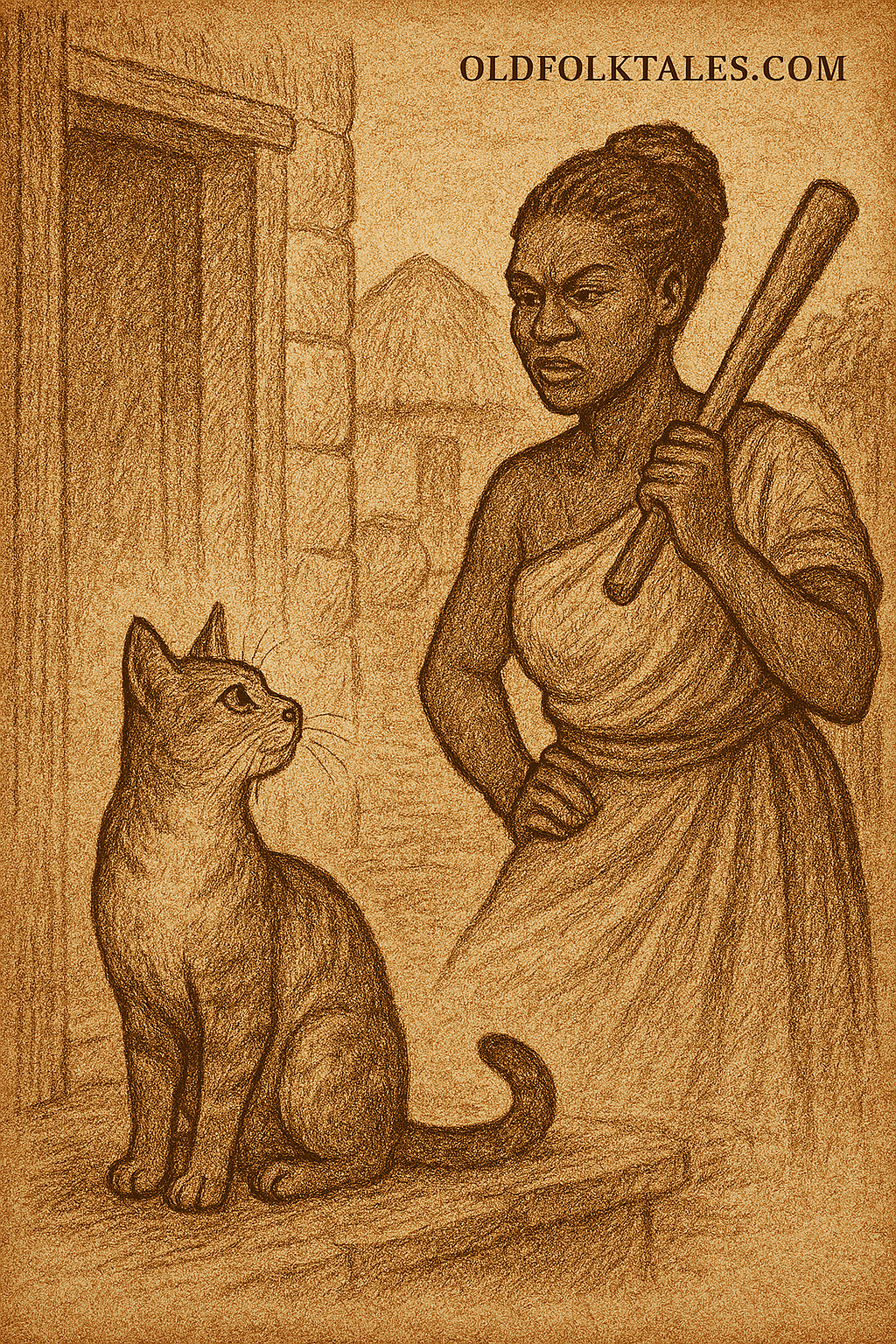 African folktale illustration of clever cat watching powerful village woman scold hunter with cooking stick.