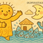 Parchment-style African folktale scene of Sun and Moon escaping floodwaters caused by Water’s visiting family.