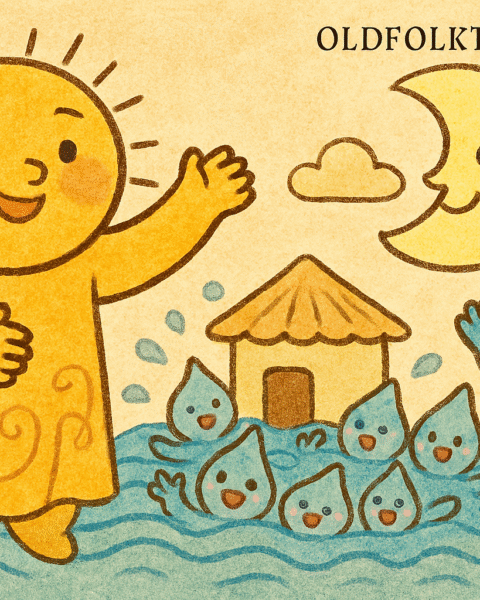 Parchment-style African folktale scene of Sun and Moon escaping floodwaters caused by Water’s visiting family.