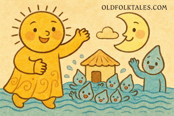 Parchment-style African folktale scene of Sun and Moon escaping floodwaters caused by Water’s visiting family.