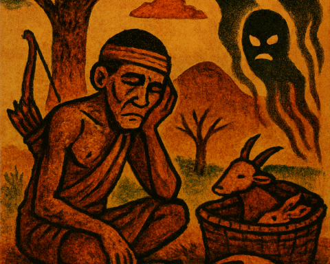 Illustration in African folk art style showing a sorrowful hunter seated beside a basket of dead animals and broken arrows, with three ghostly spirit figures watching from the background. The scene is set in a warm-toned natural landscape with a tree and hills, evoking themes of regret and spiritual consequence.