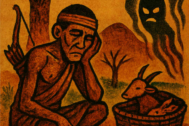 Illustration in African folk art style showing a sorrowful hunter seated beside a basket of dead animals and broken arrows, with three ghostly spirit figures watching from the background. The scene is set in a warm-toned natural landscape with a tree and hills, evoking themes of regret and spiritual consequence.