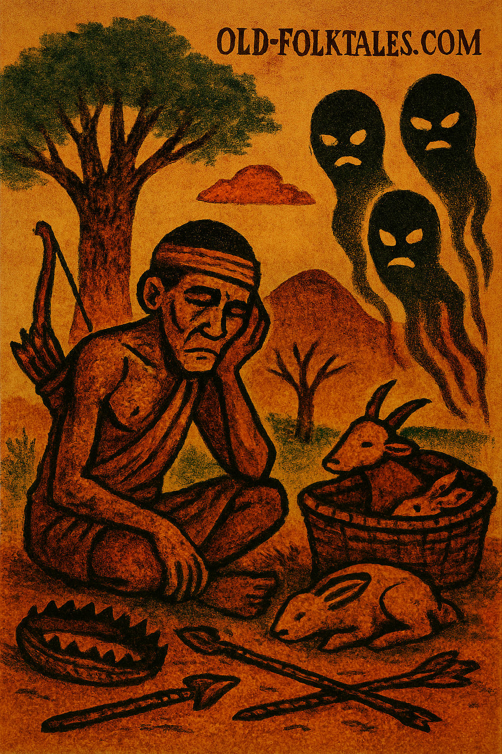 Illustration in African folk art style showing a sorrowful hunter seated beside a basket of dead animals and broken arrows, with three ghostly spirit figures watching from the background. The scene is set in a warm-toned natural landscape with a tree and hills, evoking themes of regret and spiritual consequence.
