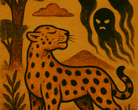 Parchment-style African folktale illustration of proud golden leopard cursed with dark spots by forest spirits.