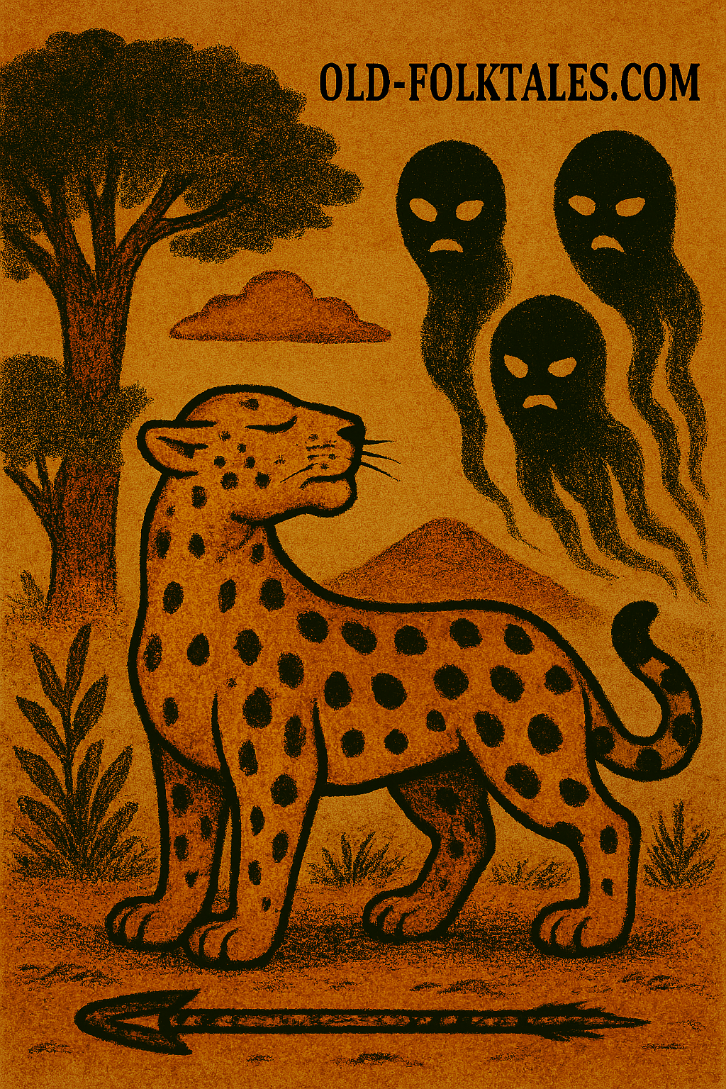 Parchment-style African folktale illustration of proud golden leopard cursed with dark spots by forest spirits.