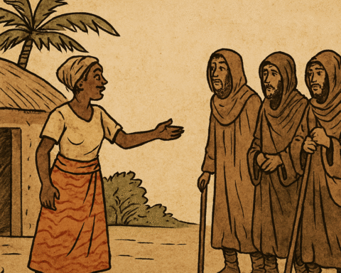 Parchment-style Bassa African folktale illustration of Ngomba welcoming three weary travelers outside her mud-brick home.