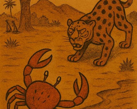 Parchment-style illustration of boastful African crab fleeing into river as fierce leopard watches on savanna.