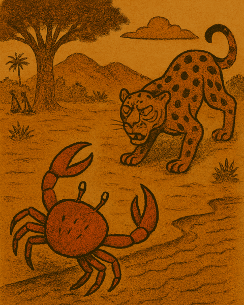 Parchment-style illustration of boastful African crab fleeing into river as fierce leopard watches on savanna.