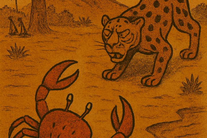 Parchment-style illustration of boastful African crab fleeing into river as fierce leopard watches on savanna.