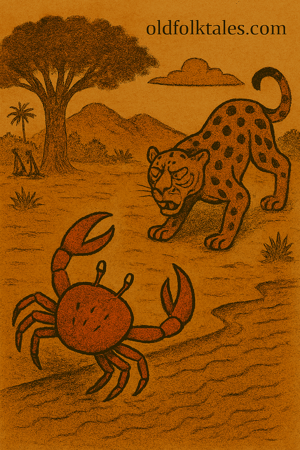 Why the Crab Lives in Water | FolktalesAfrica.com Parchment-style illustration of boastful African crab fleeing into river as fierce leopard watches on savanna.