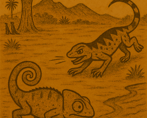 Sepia parchment-style illustration of African tale showing Chameleon and Lizard racing across savanna landscape.