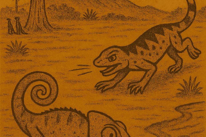 Sepia parchment-style illustration of African tale showing Chameleon and Lizard racing across savanna landscape.
