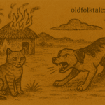 Parchment-style African origin tale illustration of Dog angrily confronting Cat near burning hut after lost treasure.