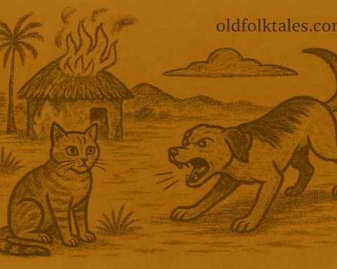 Parchment-style African origin tale illustration of Dog angrily confronting Cat near burning hut after lost treasure.