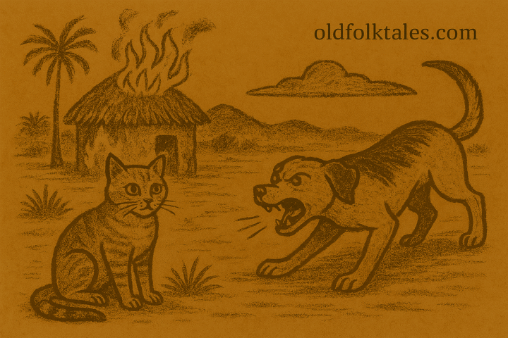 Parchment-style African origin tale illustration of Dog angrily confronting Cat near burning hut after lost treasure.