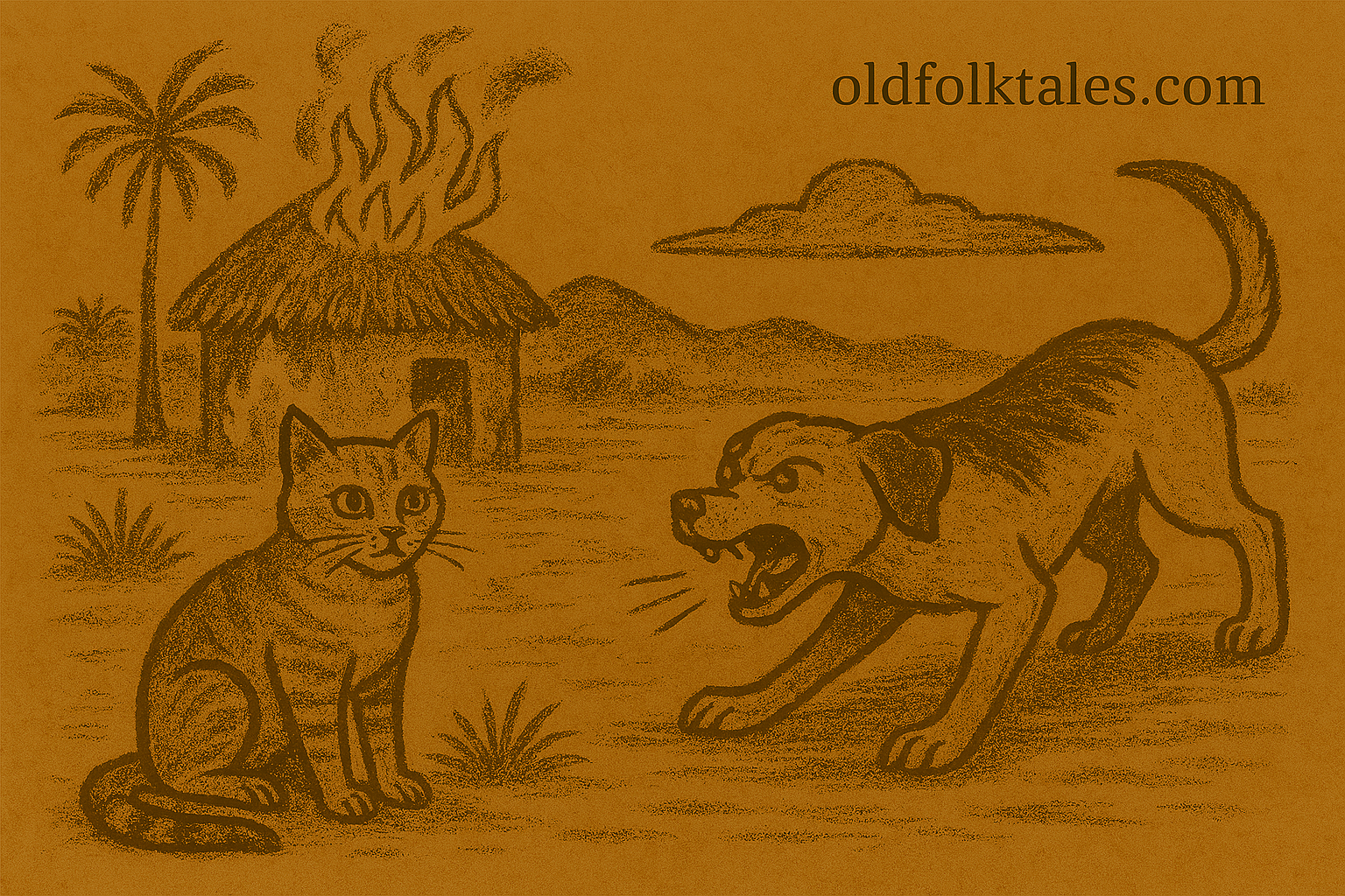 Parchment-style African origin tale illustration of Dog angrily confronting Cat near burning hut after lost treasure.