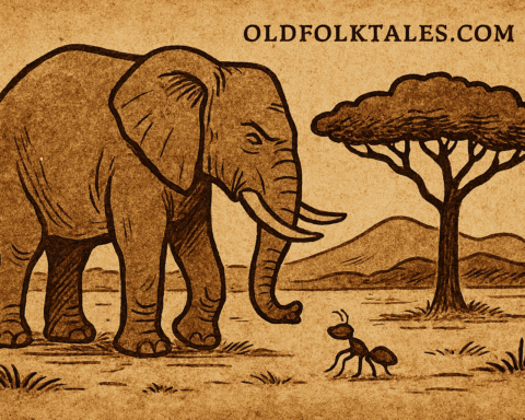Parchment-style African folktale illustration of proud elephant confronting tiny ant under fever tree in savanna.