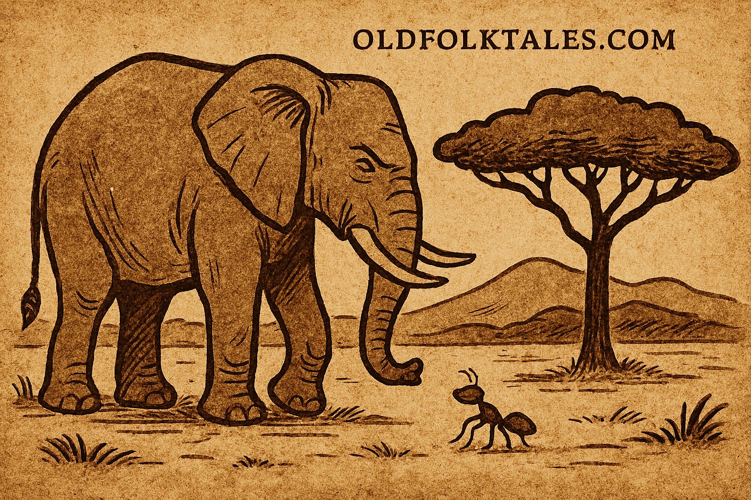 Parchment-style African folktale illustration of proud elephant confronting tiny ant under fever tree in savanna.